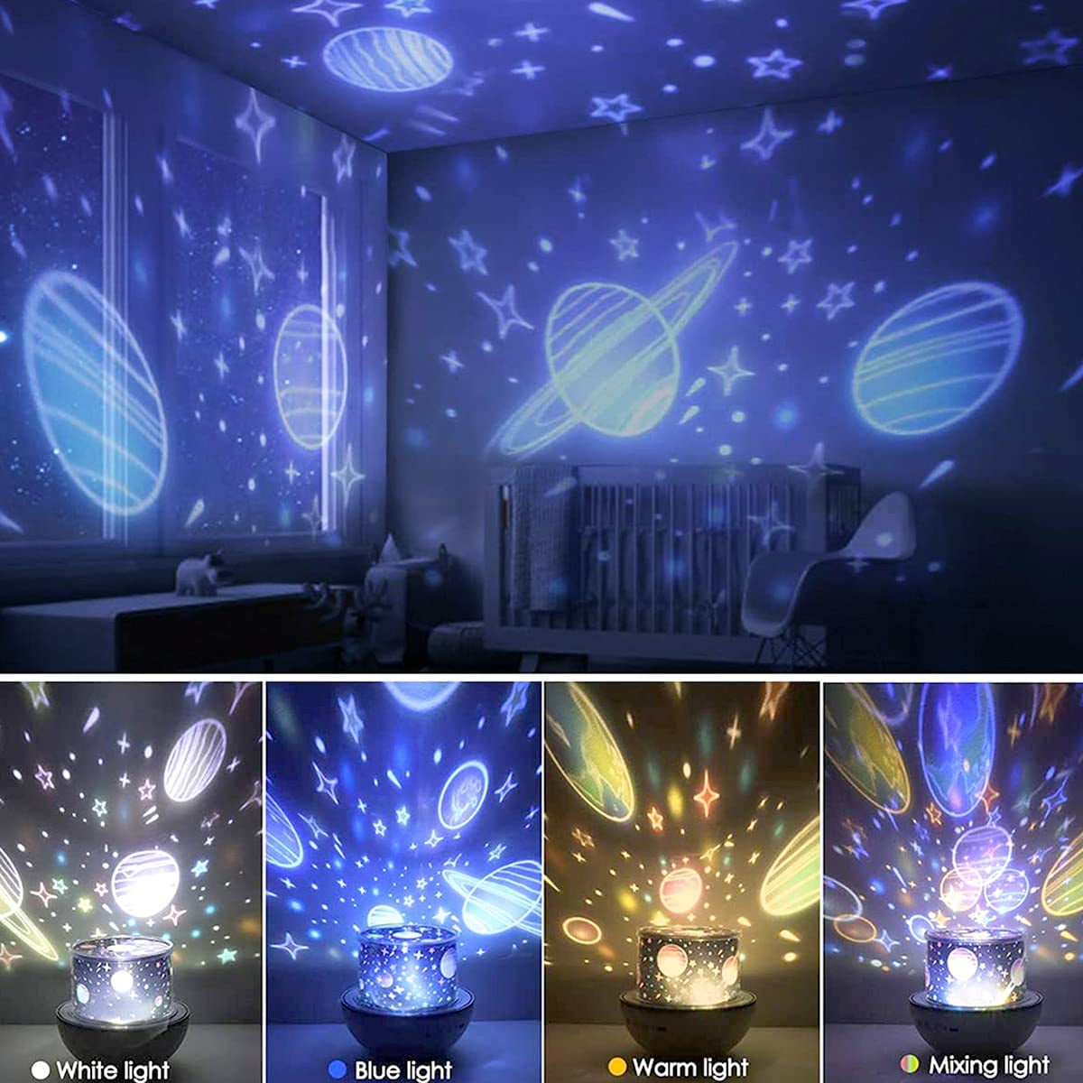 Baby Night Light Projector, LED Children's Night Light Music Light and Light 360 ° Rotation, 8 Songs, 6 Projected Movies, Room Starlight Projector Light, Gift, Birthday