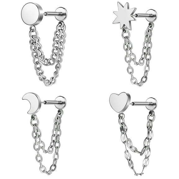 ZS 4Pcs/Set 18g Stainless Steel Stud Earrings with Chain Hypoallergenic Helix Piercing Cartilage Earrings Jewelry