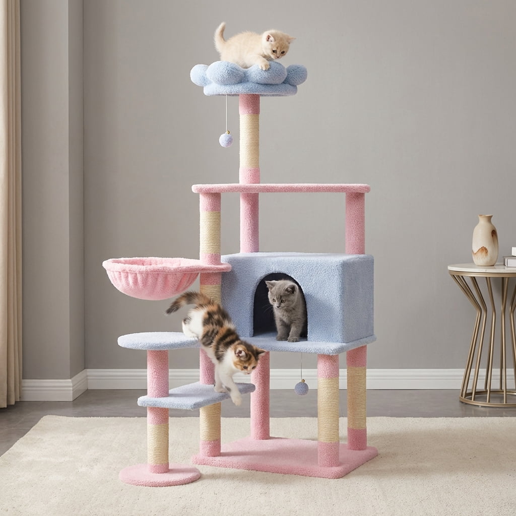 Blue Flower Cat Tree, 56" Multi-Level Cat Tower with Large Condo, Removable Flower Cushion & Hammock, Sisal Scratching Posts for Indoor Cats