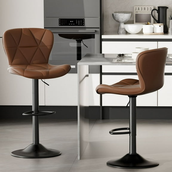 S-HOME Set of 2 Modern Ergonomic Faux Leather Upholstered Bar Chairs with 360° Swivel Adjustable Height for Home Bar or Kitchen Island Seating, Brown