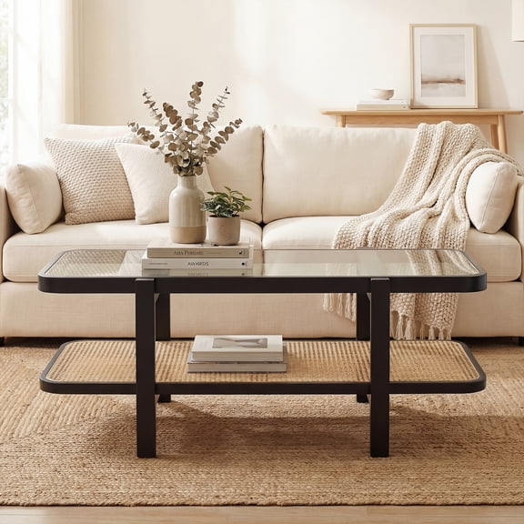 ELLEGNT Rustic Coffee Table with Glass Top and PE Rattan Storage Shelf – 2-Tier Farmhouse Table Black