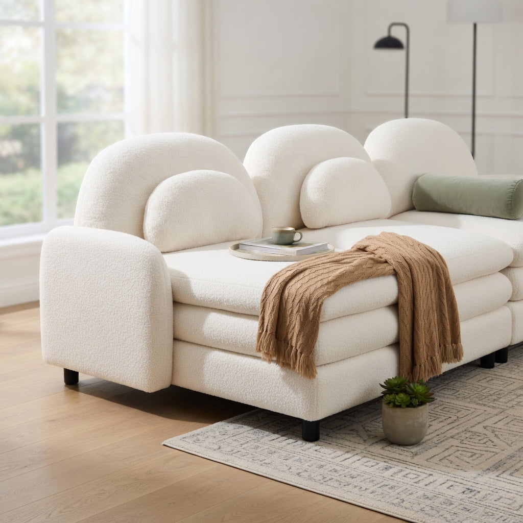 Hommoo Teddy Fleece 3-Seat Modular Sectional Sofa with Curved Backrest, Movable Ottoman & Double-Layer Cloud-Like Cushions, Beige