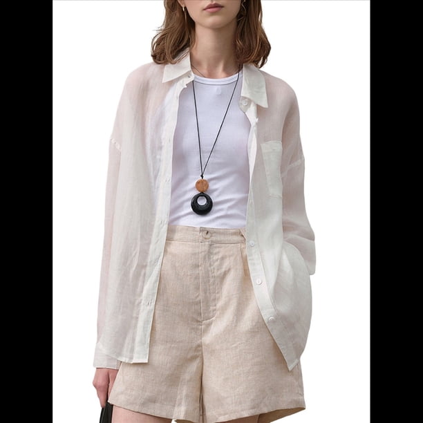 Camisas de Larga con Botones para Mujer, Blusas Informales de de Ramio con Cuello y Corte Holgado. L