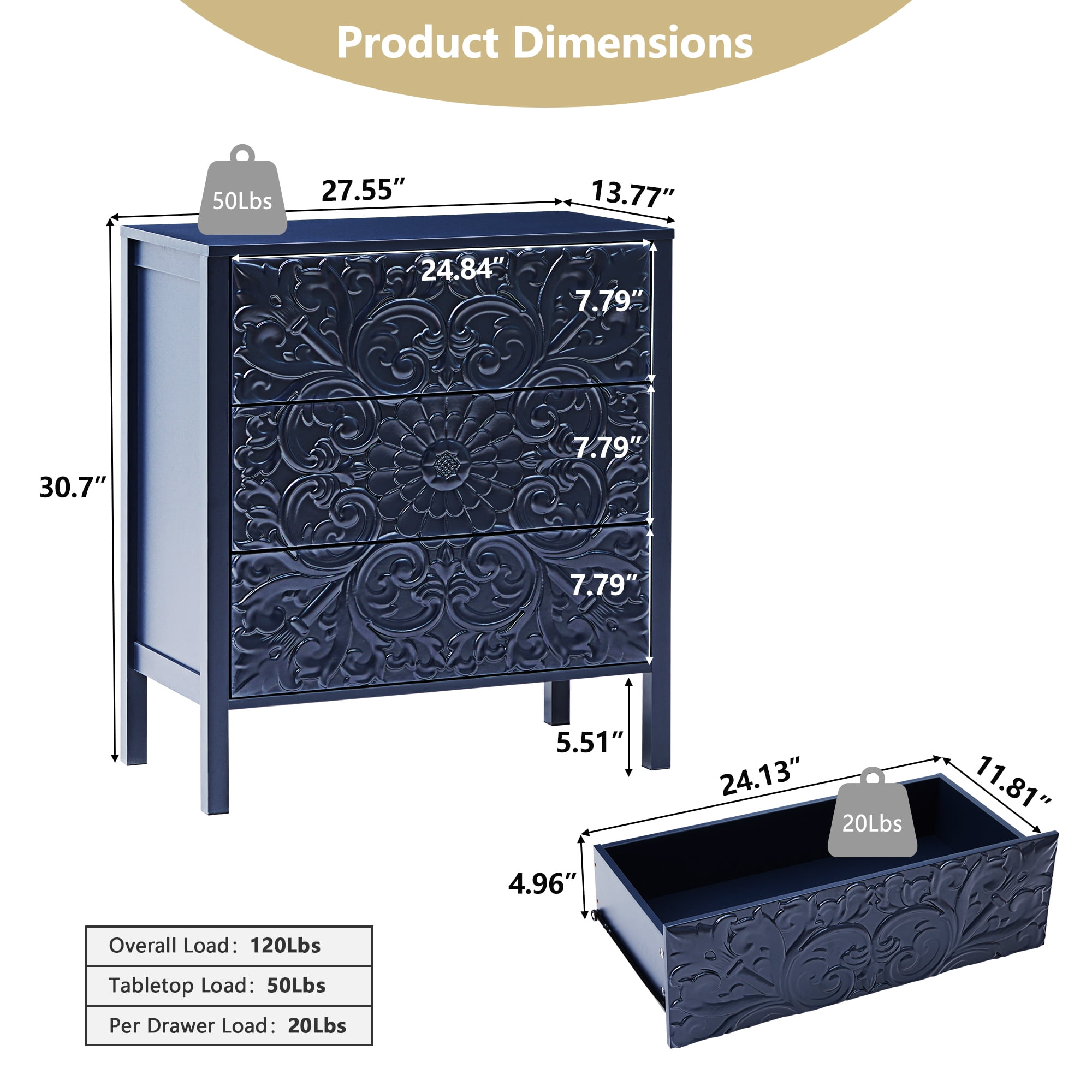 Wirrytor 3 Drawer Dresser for bedroom, Modern Chest of Drawers with Handles, Accent Wood Storage Cabinet for Bedroom, Living Room and Kitchen (Blue 3-Drawers-1)