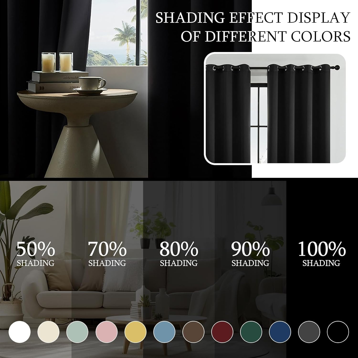 SpaceMuse Modern Blackout Curtains 52 X 96 inch, 2 Panels 90% Blackout Black Tie Top Single Indoor Curtain Panel Thermal Insulated Light Blocking Drapes