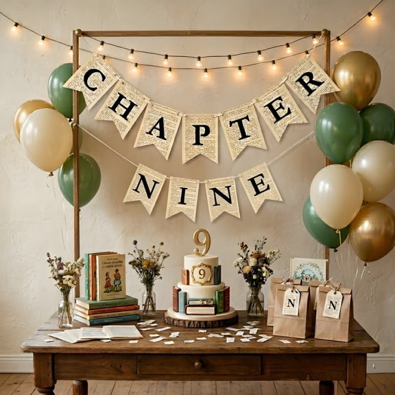 Chapter Nine Birthday Party Decoration Banner Set with Number 9 Balloon, Book-Themed 9th Birthday Party Decor, Blue and Gold Celebration Supplies