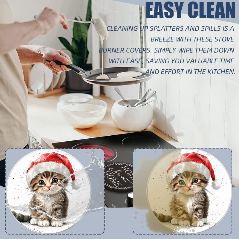 Christmas Burner Covers for Electric Stove, Christmas Cute Cat in Santa Hat Round Xmas Decorative Metal Stove Burner Cover Kits Set of 4 for Kitchen, 8 Inches and 10 Inches