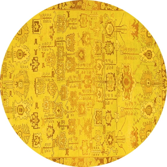 Ahgly Company Machine Washable Indoor Round Abstract Yellow Modern Area Rugs, 3' Round