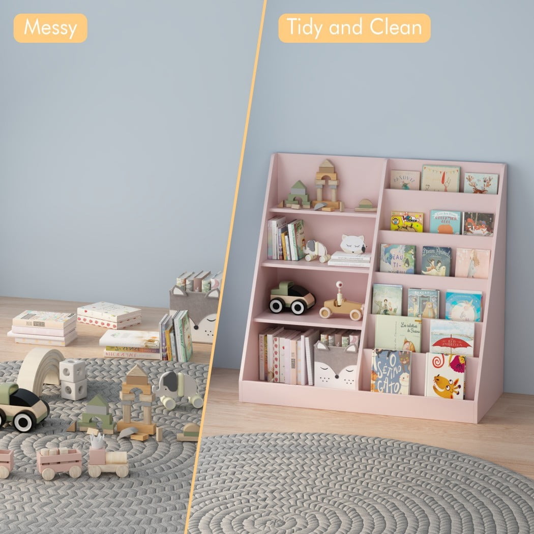 Kids Bookshelf and Toy Storage Organizer, Wooden Kids Bookcase with Multi-Level Shelves & Toy Storage, Children's Book Display Stand for Playroom, Nursery & Kids Room, Pink