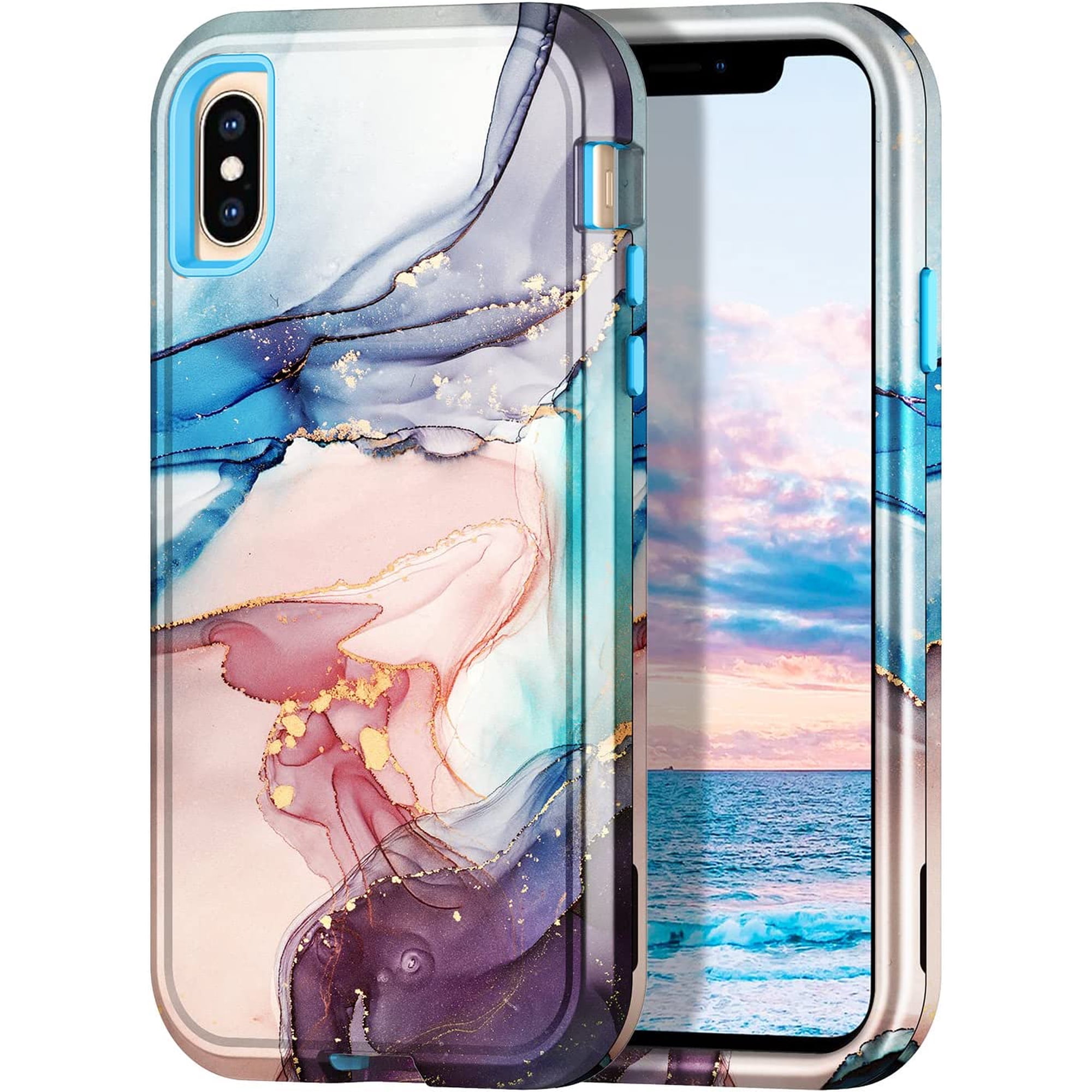 CASEFIV for iPhone Xs Max Case,Marble Pattern Heavy Duty Shockproof Full Body Protective Phone Cover for Women Girls ,Blue Gray