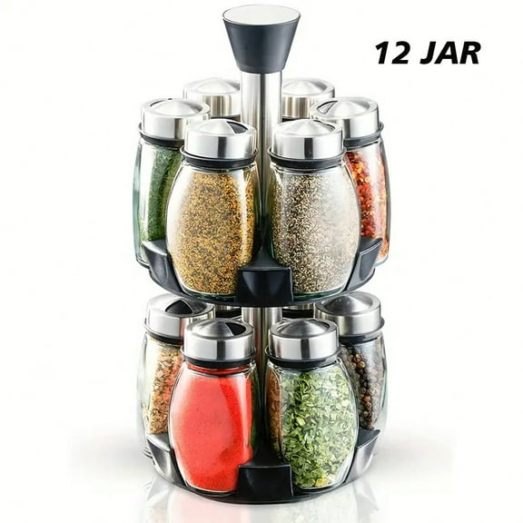 12JAR Set Large Capacity Revolving Spice Rack Tower - 360° Rotation, Lead-Free, Polished Metal, Glass Containers - Space-Saving Kitchen Organizer With 12 Glass Spice Refill Jars