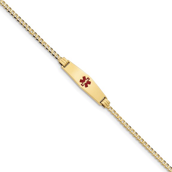 Beautiful 14K Medical Soft Diamond Shape Red Enamel Curb Link ID Bracelet