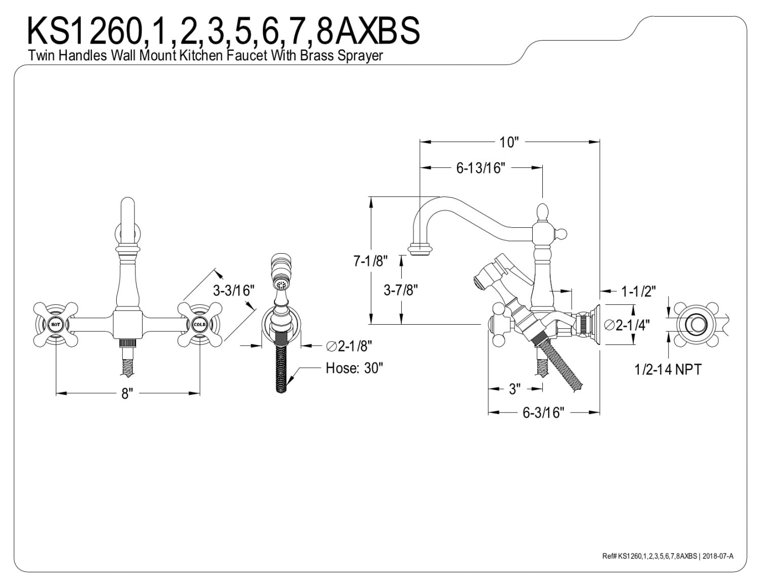 Kingston Brass KS1262AXBS Heritage Wall Mount Bridge Kitchen Faucet with Brass Sprayer, Polished Brass
