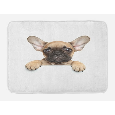 Bulldog Bath Mat, Pedigreed Young Puppy Close-up Photo Best Friend Pet Lover Print, Non-Slip Plush Mat Bathroom Kitchen Laundry Room Decor, 29.5 X 17.5 Inches, Sand Brown Black and White,