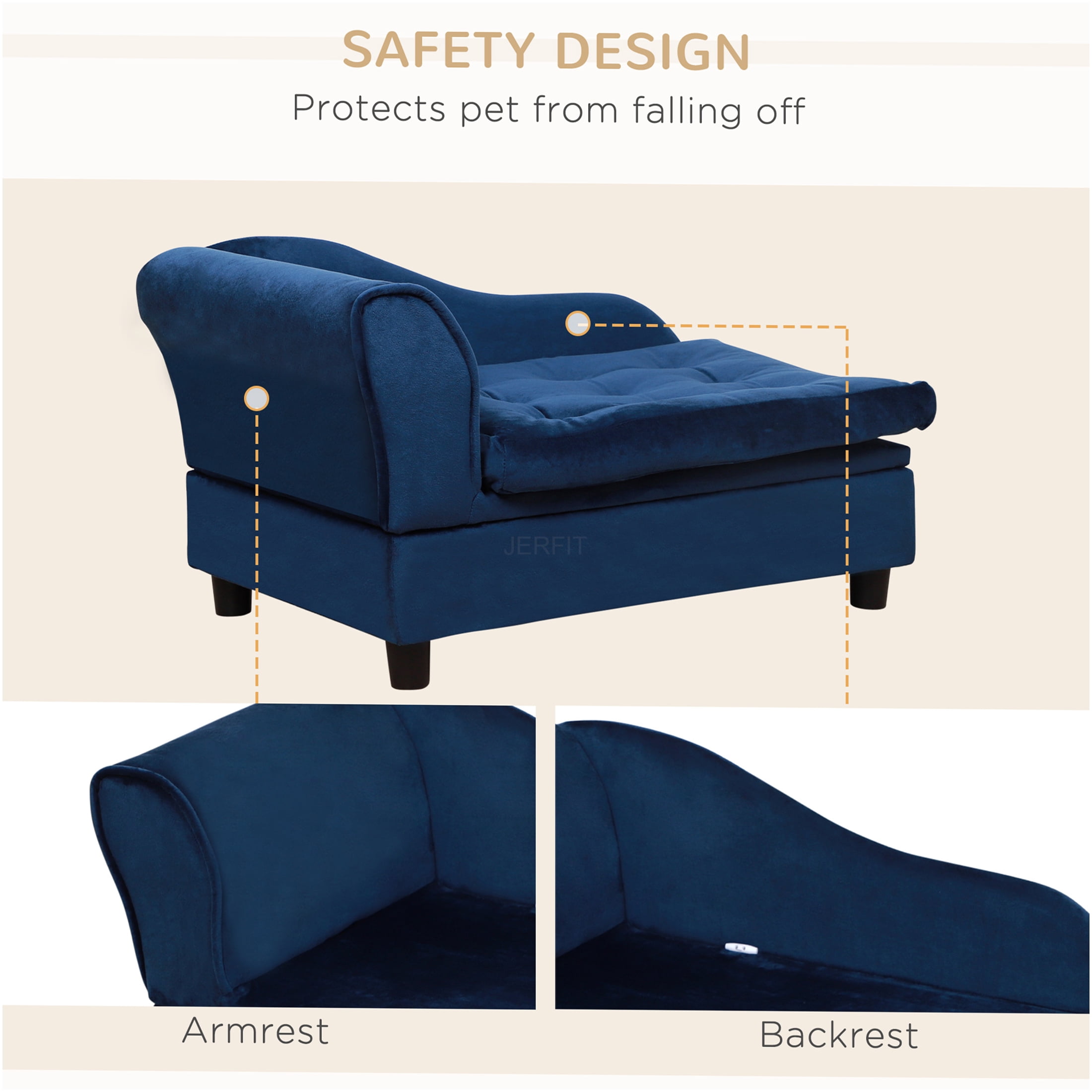 JERFIT Modern Dog Bed with Storage, Small Dog Couch Sofa with Plush 3" Foam Cushion, Cozy Pet Furniture for Puppies, Cats & Small Breeds, Blue Wooden Frame
