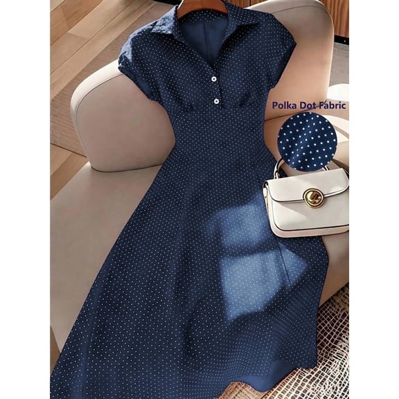 Navy Blue Polka Dot Short Sleeve Collared Shirt Dress, A-Line Maxi Dress For Women