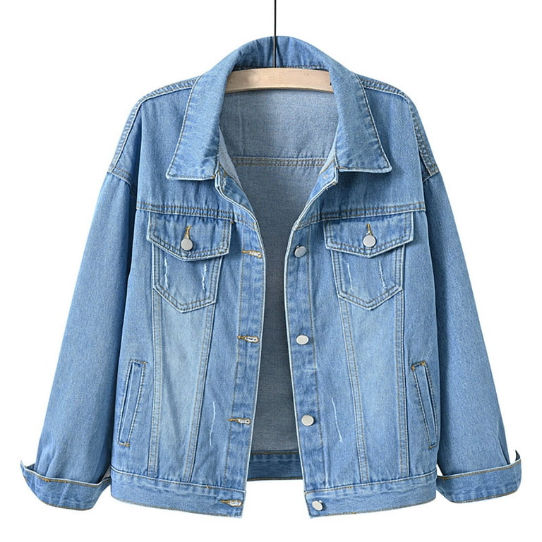 YYDGH Jean Jacket for Women Fashion Casual Denim Jacket Long Sleeve Button  Down Chest Pockets Coat Daily Streetwear Light Blue S