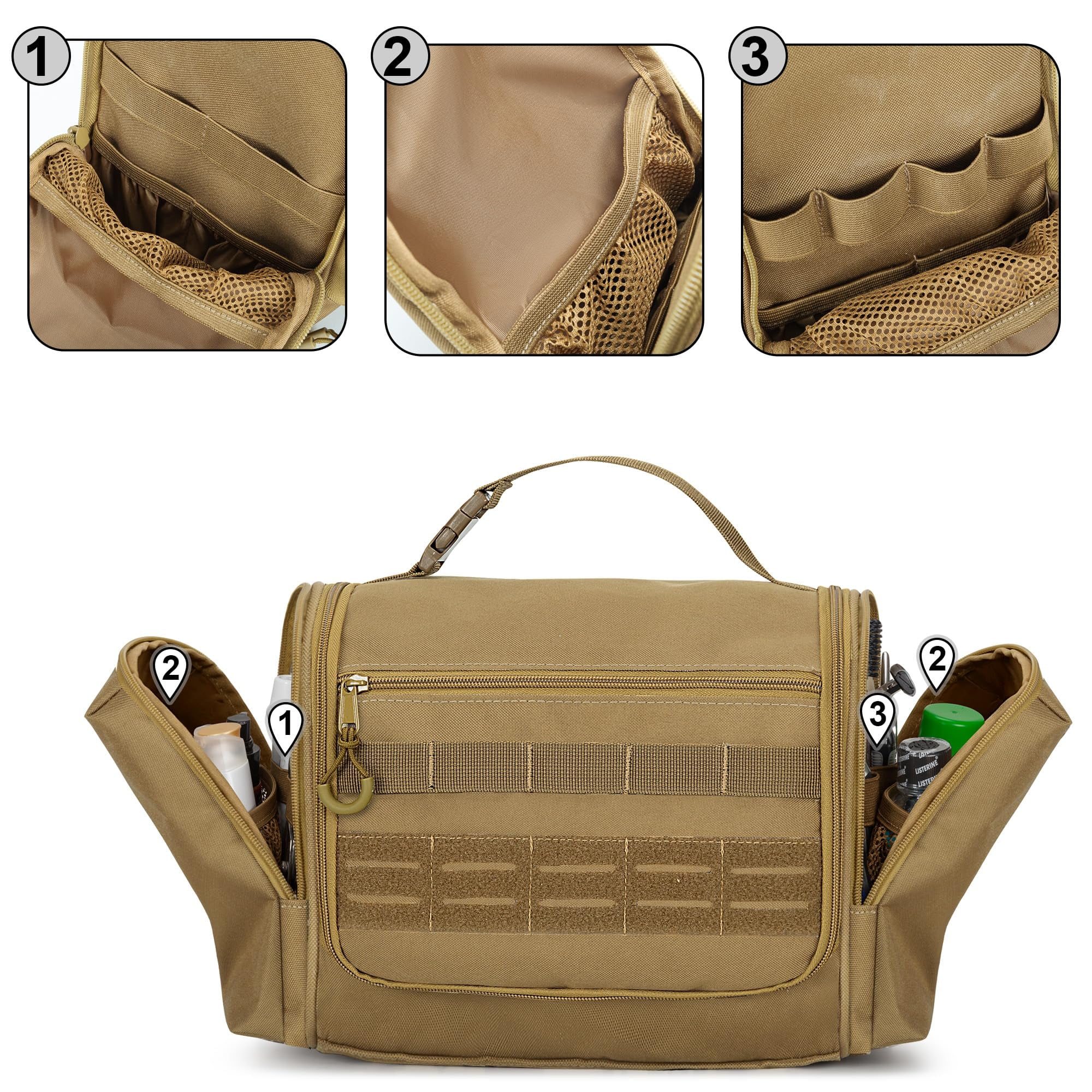 Toiletry Travel Bag For Men  Hanging Dopp Kit Hygiene Shower Organizer With Hook Toiletries And Shaving Care Khaki (empty Bag)