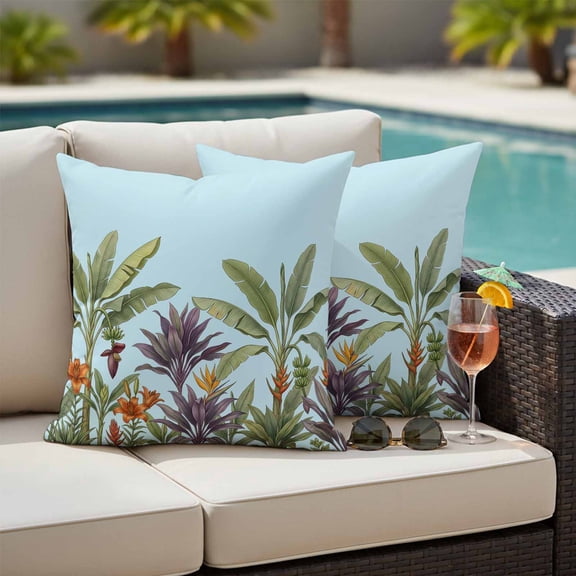 Outdoor Pillow Covers,Summer Green Lush Palms Leaf on Blue Decorative Throw Pillow Cover Waterproof Pillowcase Set of 2,Linen Cushion Case for Sofa Couch Bed 18x18 Inch,Exotic Botanical