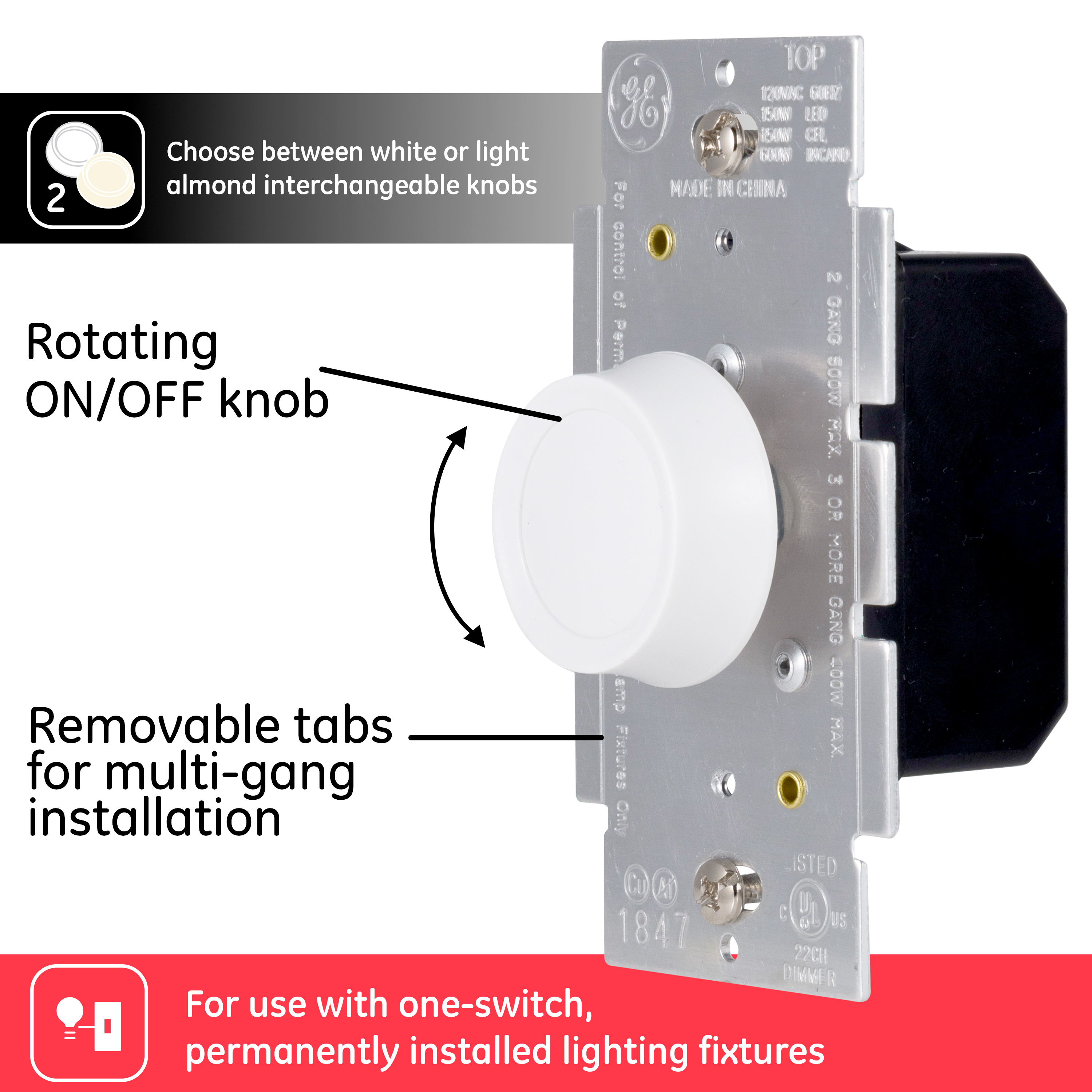 GE Single Pole Rotary Dimmer with Light Almond and White Knobs photo 3