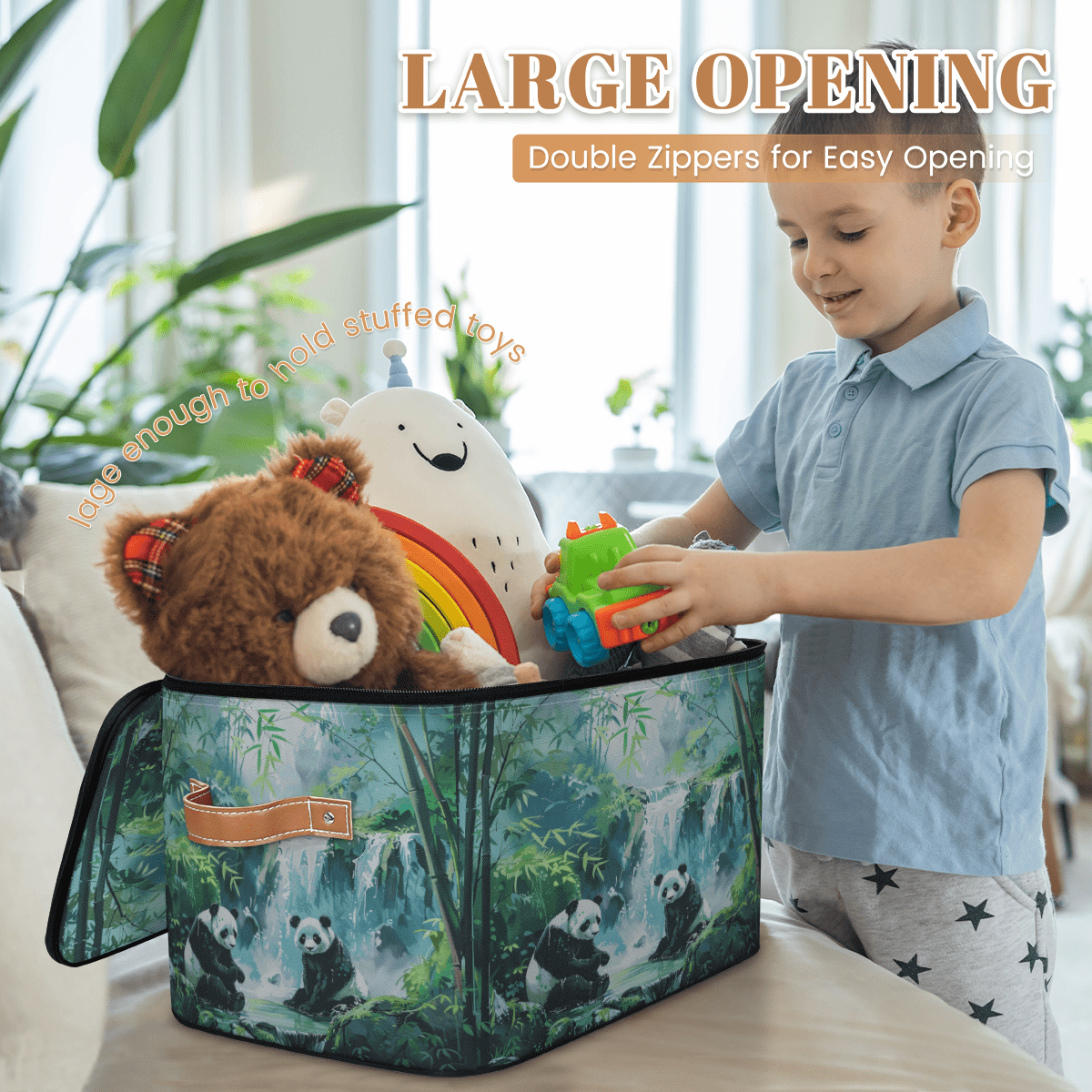 ADECORIVY Cute Panda Storage Bin with Lid Fabric Forest Bamboos Leaves Foldable Storage Baskets Boxes for Clothes Shelves Closet Organizer Containers with Leather Handles for Wardrobe