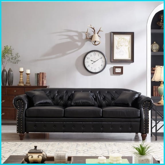 85.8” 3-Seat Chesterfield Tufted Sofa with Storage – Easy-Clean Faux Leather for Living Room | Black | Rolled Arms | Cushion Back
