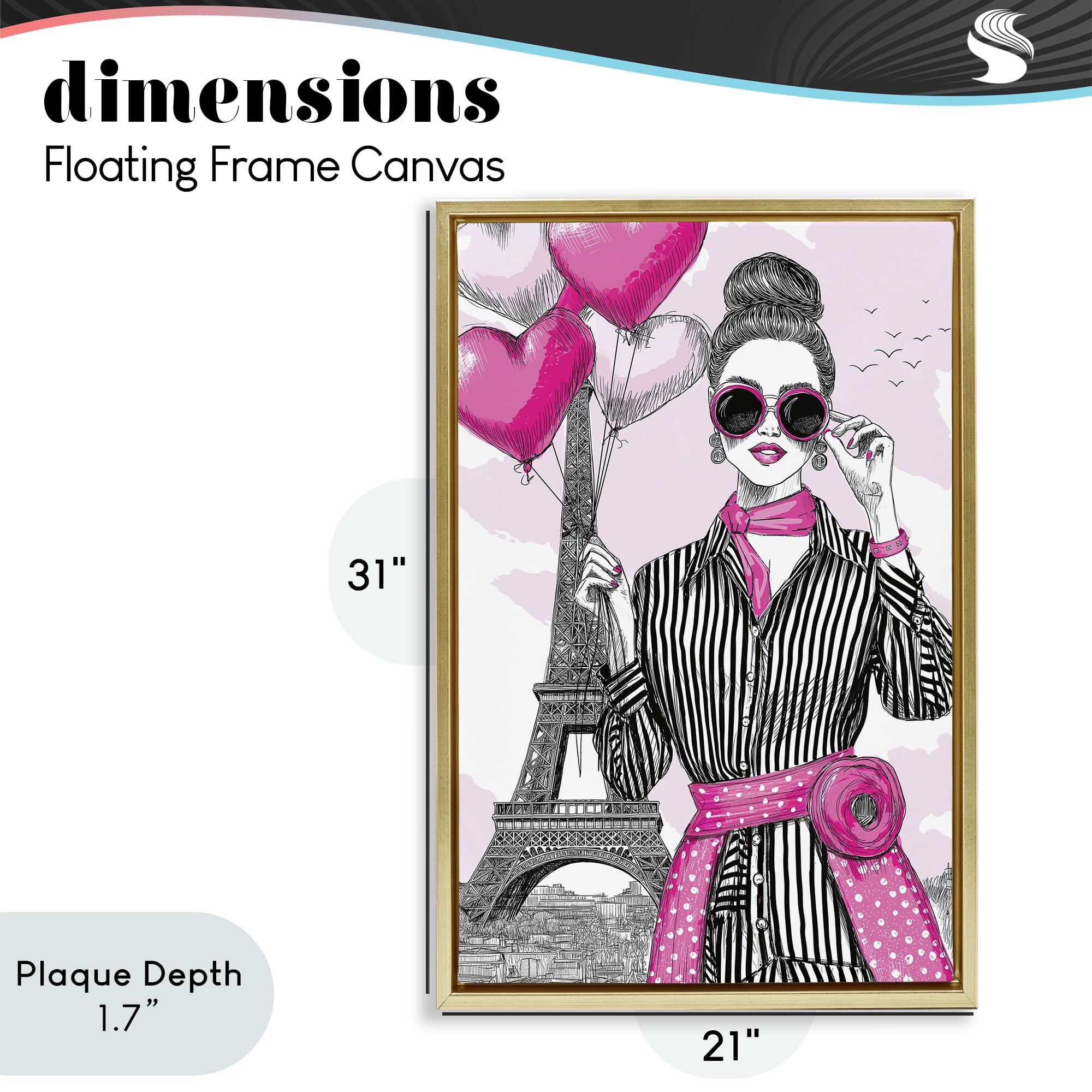 Stupell Industries Parisian Chic Woman with Balloons Gold Framed Floater Canvas Wall Art, design by Jess Stempel