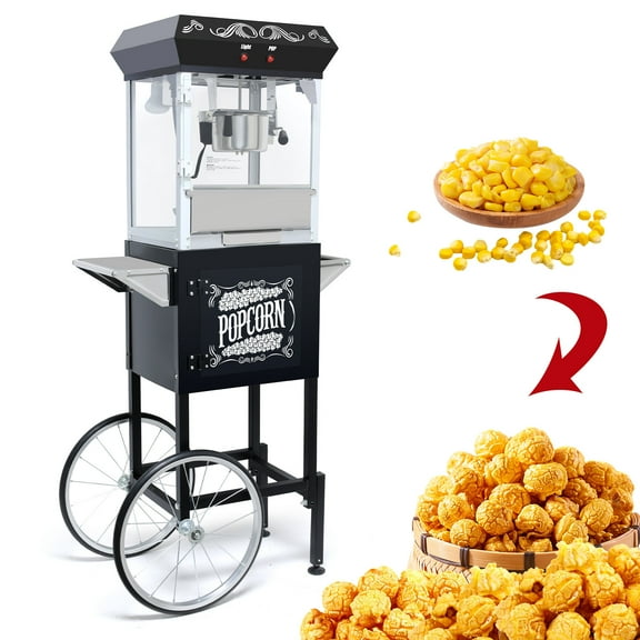 Glaxias Popcorn Machine with Cart - 8oz Popper with Stainless-Steel Kettle, Warming Light, and Accessories  Hot Oil Popcorn Machine with Cart, Black