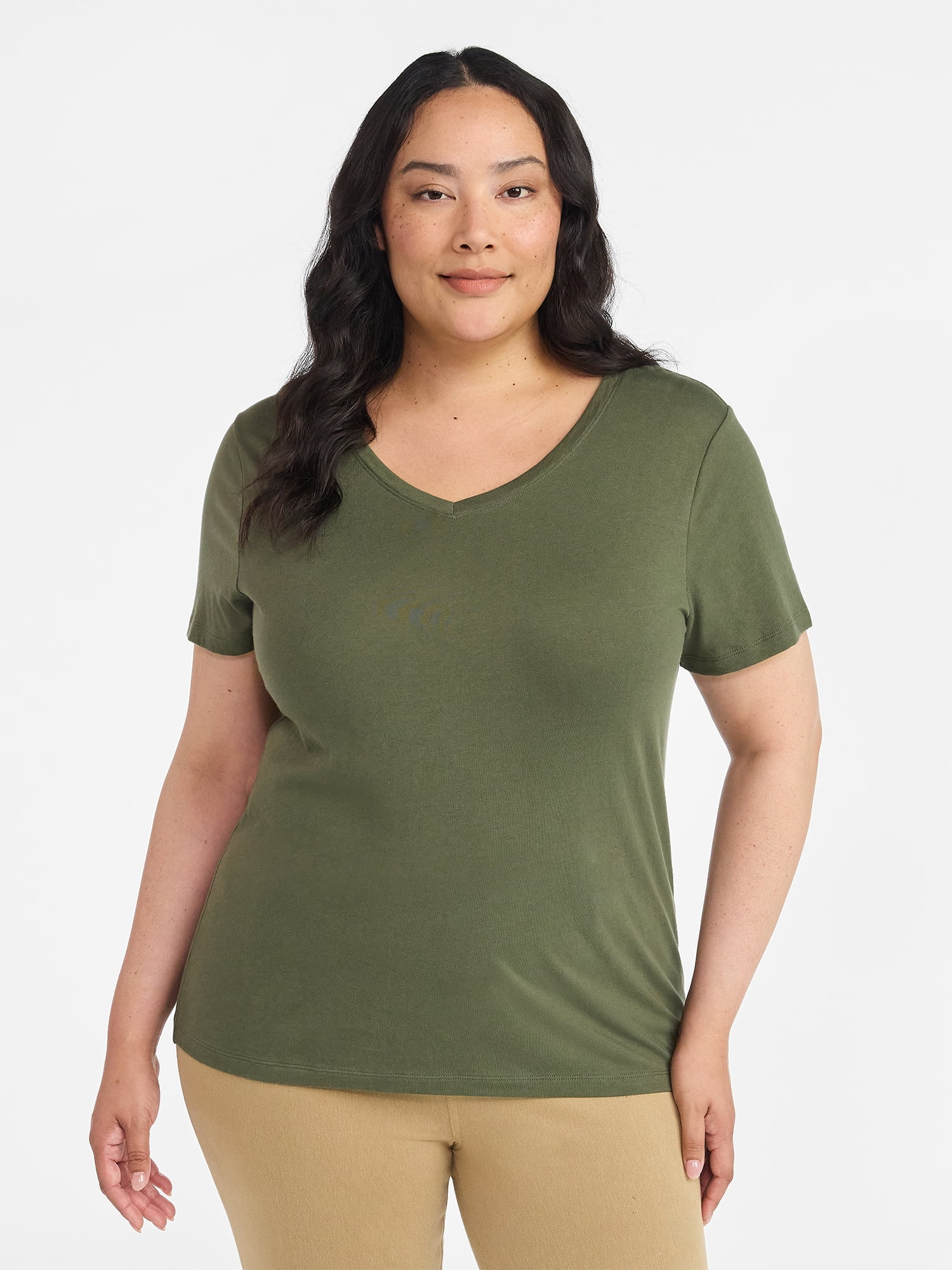 Time and Tru Women's Cotton V-Neck Tee with Short Sleeves, Sizes XS-4X