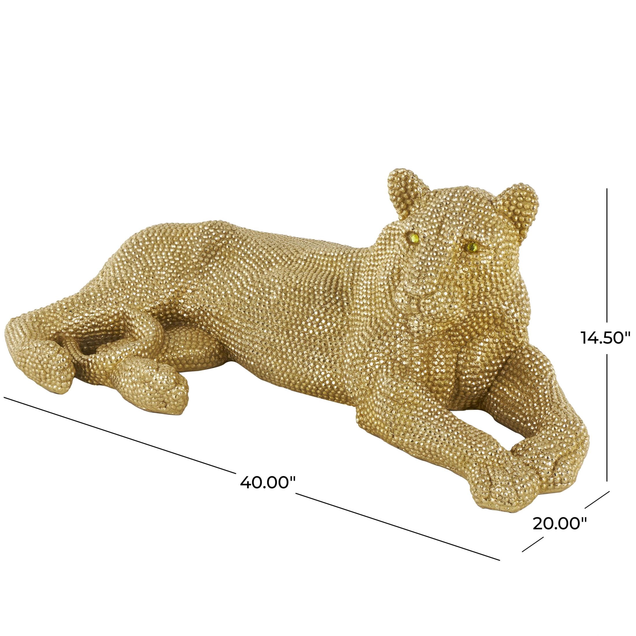 40" x 15" Gold Resin Laying Floor Leopard Sculpture with Carved Faceted Diamond Exterior, by DecMode