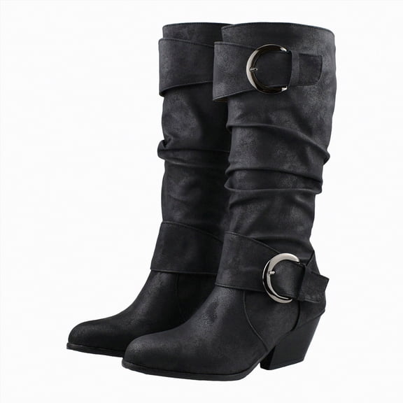 UngA Women's Mid-Calf Boots Pull On Chunky Block Low Heel Round Toe Campus Boot Comfortable Casual Boots for Women Black,Size 9.5