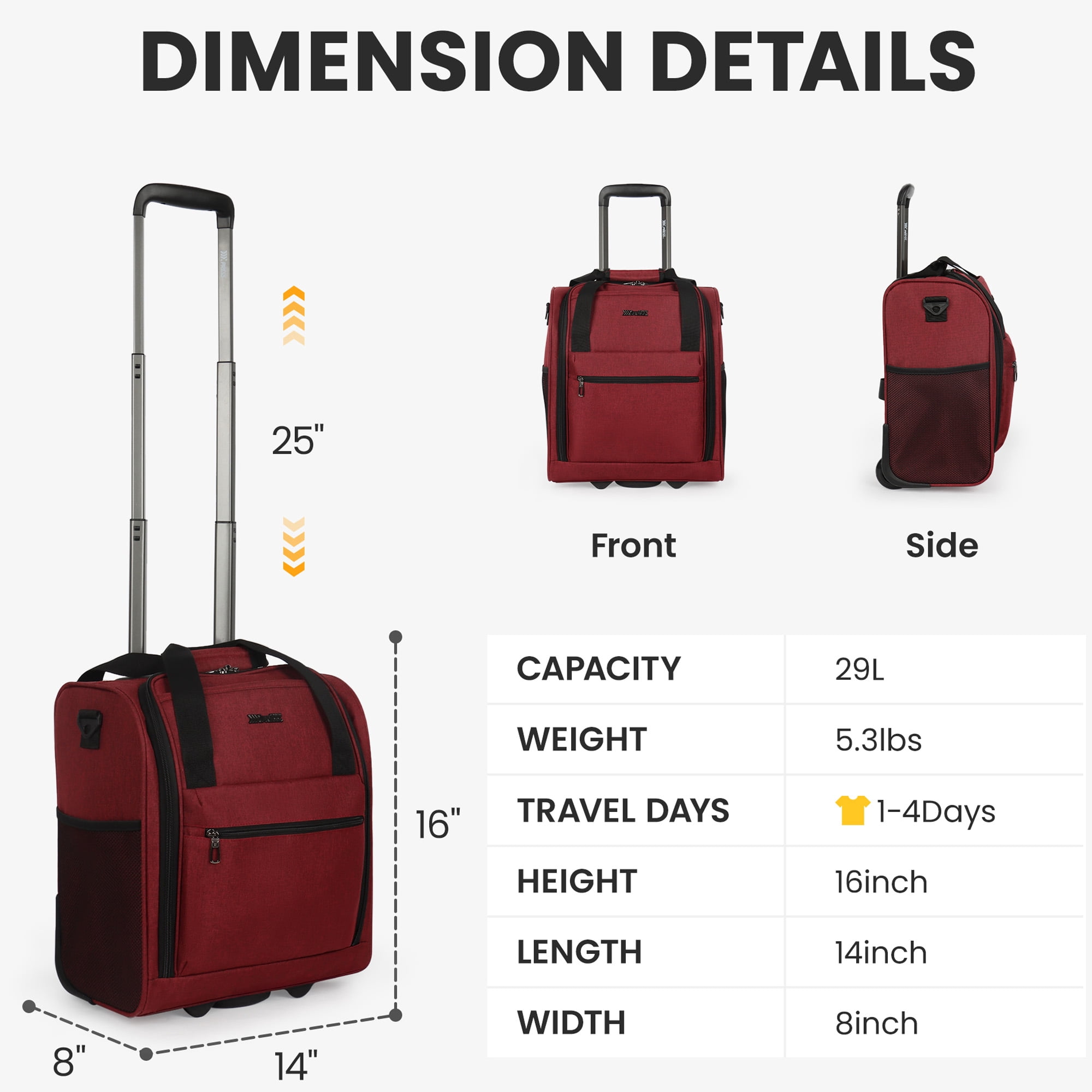 New York Xpress 16" Underseat Carry-on Luggage Lightweight Softside Rolling Suitcase with 2 Wheels, Burgundy - TA13