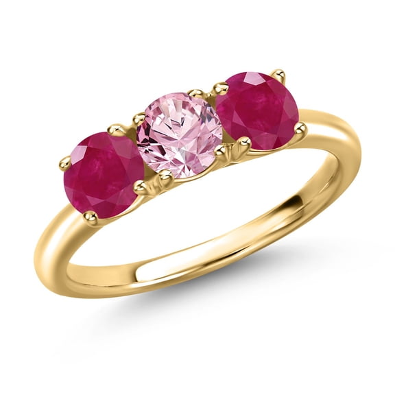 Gem Stone King 18K Yellow Gold Plated Silver Pink Lab Grown Diamond and Red Ruby Engagement Ring for Women | 1.60 Cttw | Round 5MM | Gemstone April Birthstone | Size 6