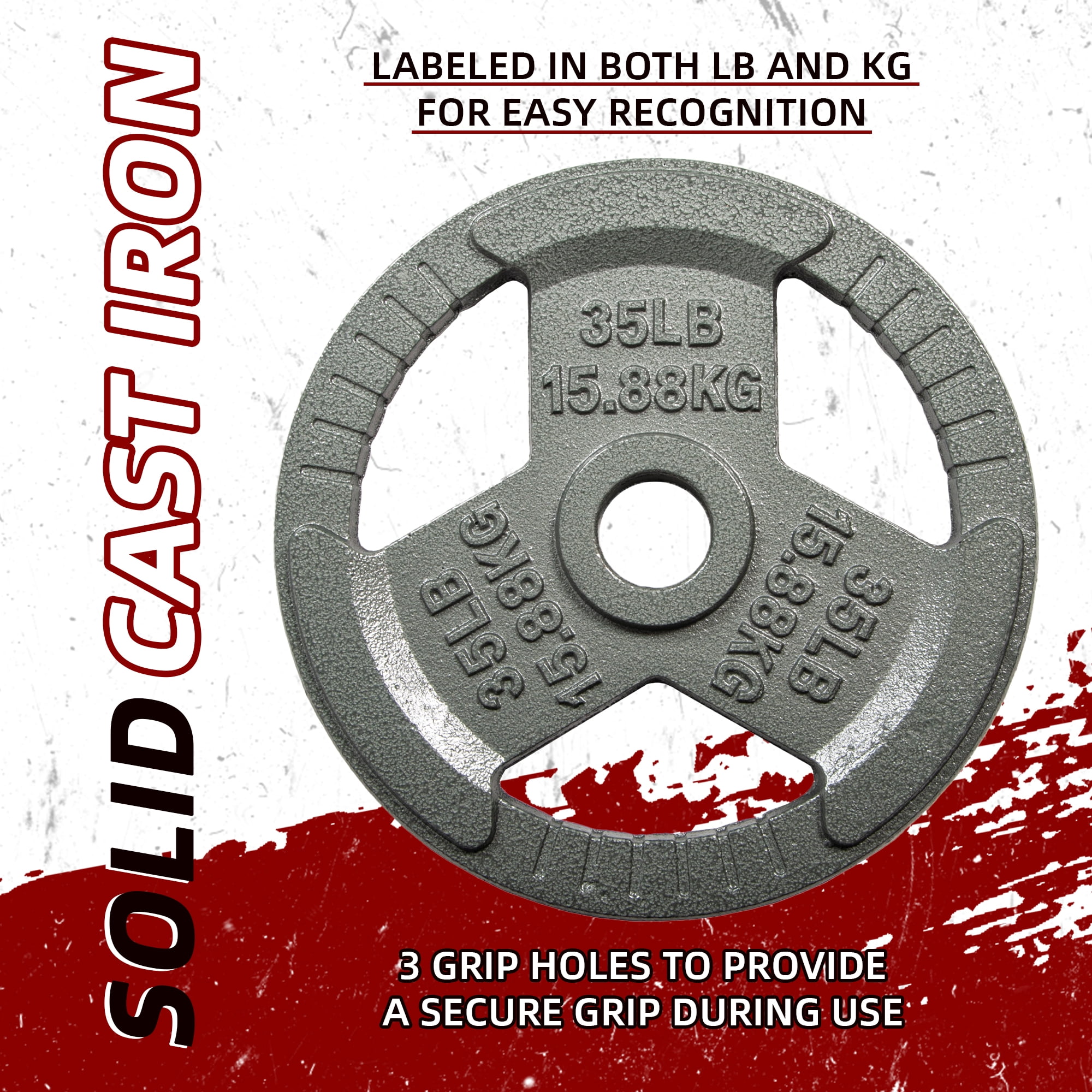 Signature Fitness 35LB Cast Iron Olympic Weight Plate, Single Plate, 2-Inch Center Hole, 3-Grip Design, Light Gray with Raised Lettering