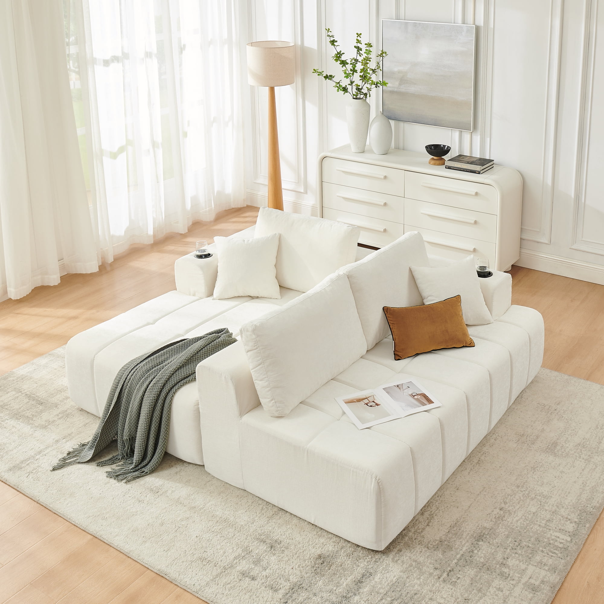 Leumius 108" L-Shaped Sectional Sofa,Chenille Boneless Couch, Modern 3-Seat Upholstered Cloud Couch Sectional with Deep Seat and Cup Holders for Living Room,No Assembly Required,Beige