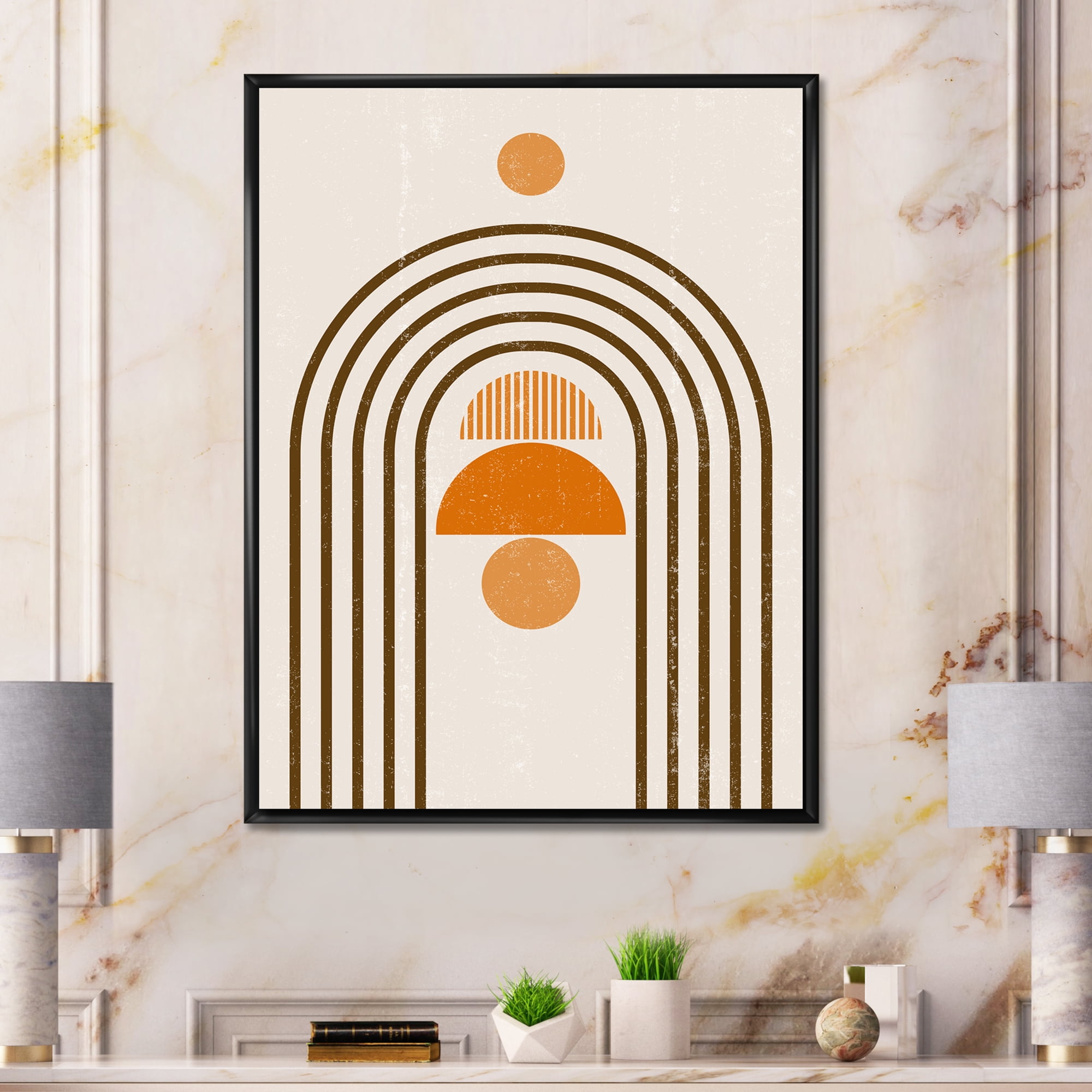Designart 'Abstract Rainbow Moon and Sun In Earth Tones IV' Modern Framed Canvas Wall Art Print