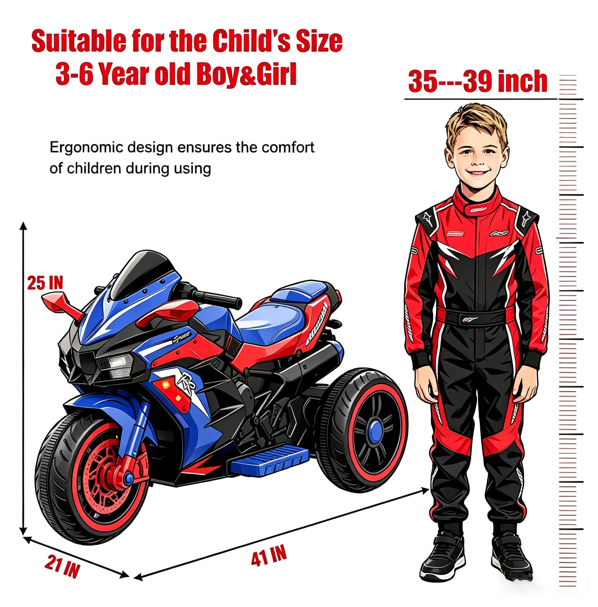 HNH Kids Motorcycle for Kids 3-6, 12V Battery Powered Bike Electric Motorbike with Remote Control, LED Lights, Bluetooth Music, Ride on Toys