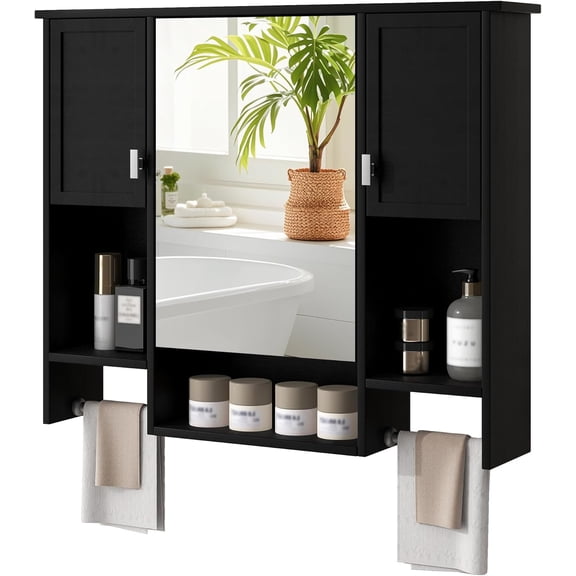 Bathroom Medicine Cabinet, Wall Mounted Bathroom Storage Cabinet with Mirror, Open Shelf, Side Cabinet and Towel Bar, Over The Toilet Mirrored Cabinet, 35" W x 28.7" H
