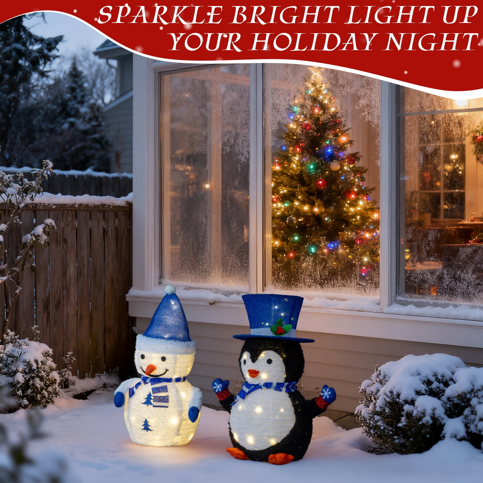 Astoutdoor Set of 2 Lighted Plush Penguin and Snowman Christmas Decorations, Pre-lit Pull Up Holiday Decor with 100 Warm White LED Lights