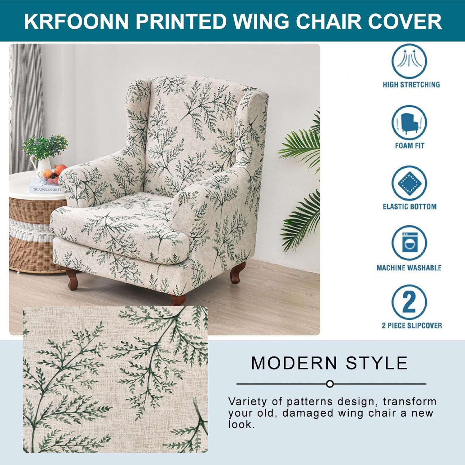 CHUNTIAN Wingback Chair Covers Slipcovers 2 Piece Stretch Wing Chair Covers Spandex Slipcovers Wingback Sofa Covers Armchair Covers Non-Slip Furniture Protector for Living Room Wingback Chairs, A13