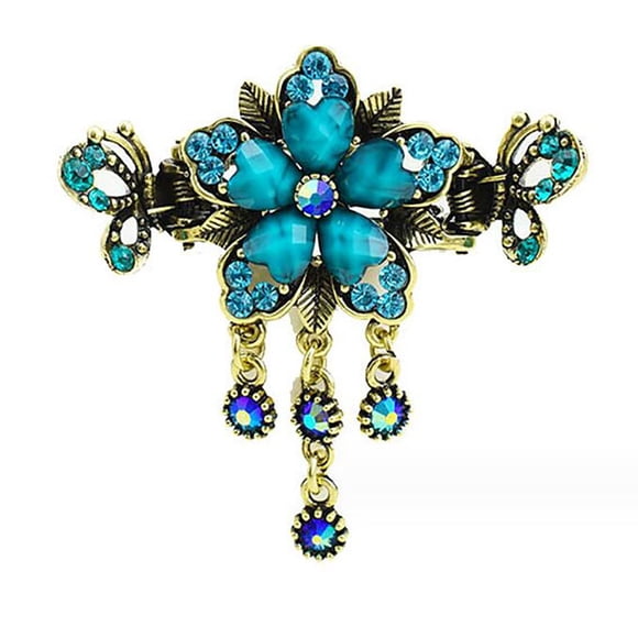 Pinza para el cabello con patrón de mariposa de aleación de metal retro, horquillas elegantes con diamantes de imitación brillantes para cabello grueso, accesorios para el cabello para mujer (azul)