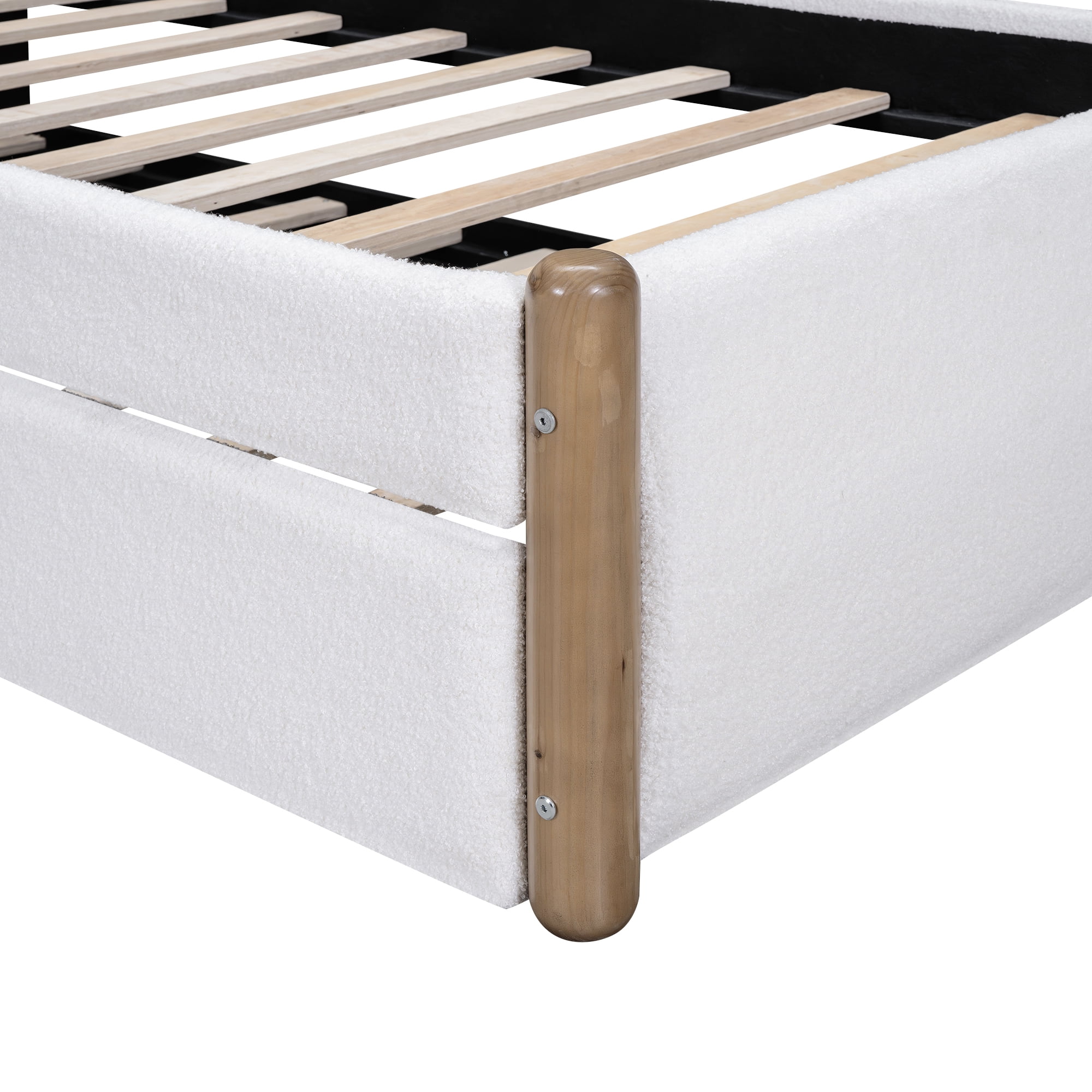 EUROCO Upholstery Twin Size Platform Bed with Trundle, Upholstered Headboard and Wood Support Legs for Kids Teens, White