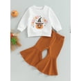 thumbnail image 2 of Arvbitana Toddler Girls Halloween Casual Outfit Set Baby Long Sleeve Pumpkin Print Sweatshirt Tops +  Solid Color Elastic Flare Pants Kids 2-Piece Outfits 6M-4T, 2 of 9