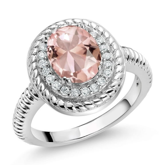 Gem Stone King 2.26 Ct Oval Peach Nano Morganite 925 Sterling Silver Halo Engagement Ring (Size 6)
