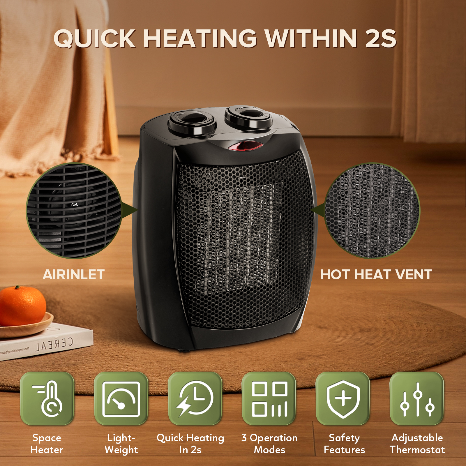 KISSAIR Compact 1500W/750W Space Heater with Thermostat - ETL Certified  Ceramic Portable Heater Fan, Ideal for Home/Dorm/Office/Kitchen, Black -  Walmart.com