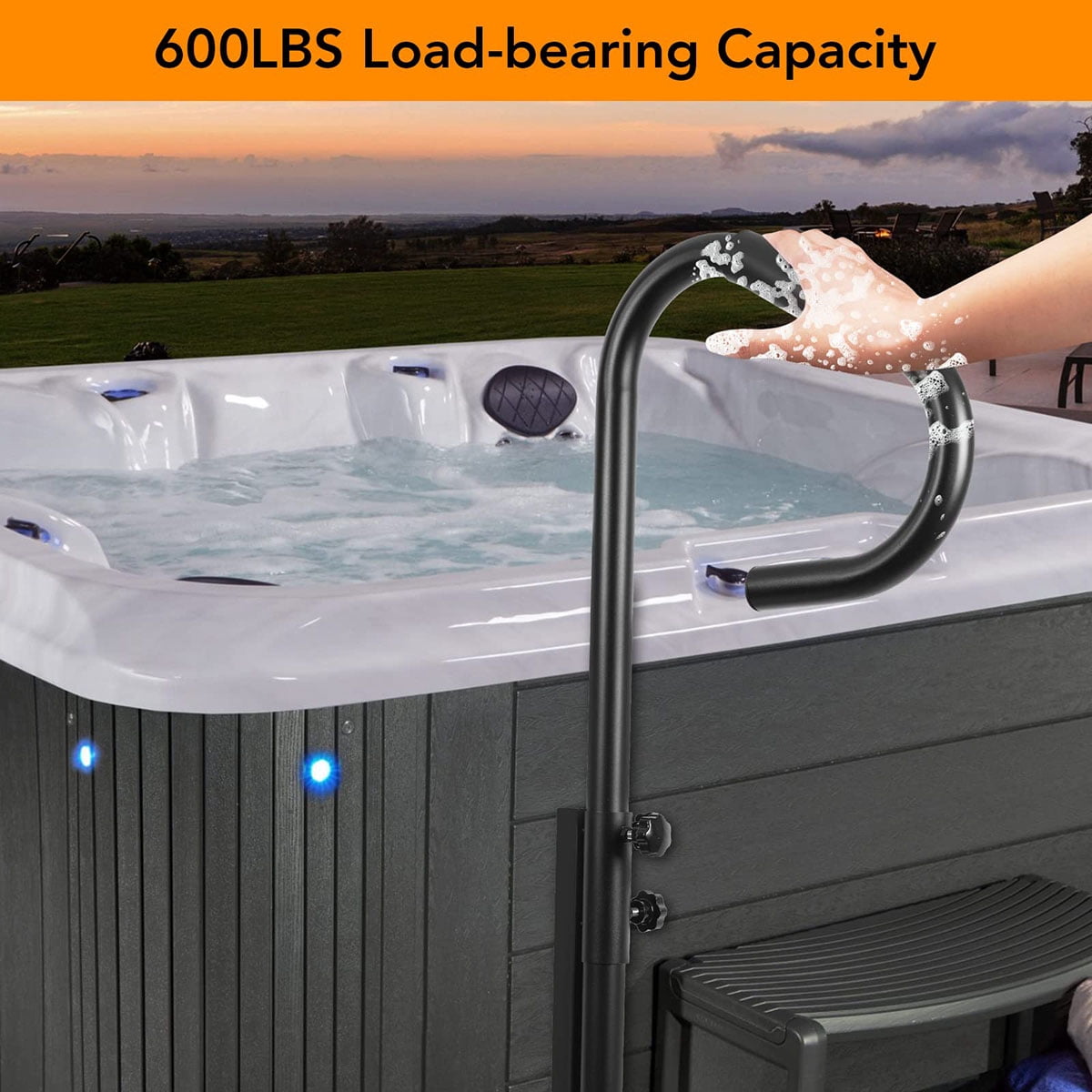 Danolapsi 600LBs Hot Tub Handrails with Stand, 35"-56" Adjustable Height Pool Handrail with Non-Slip Handle, 360 Rotatable Spa Side Handrail, Heavy Duty Iron Hot Tub Steps with Handrail