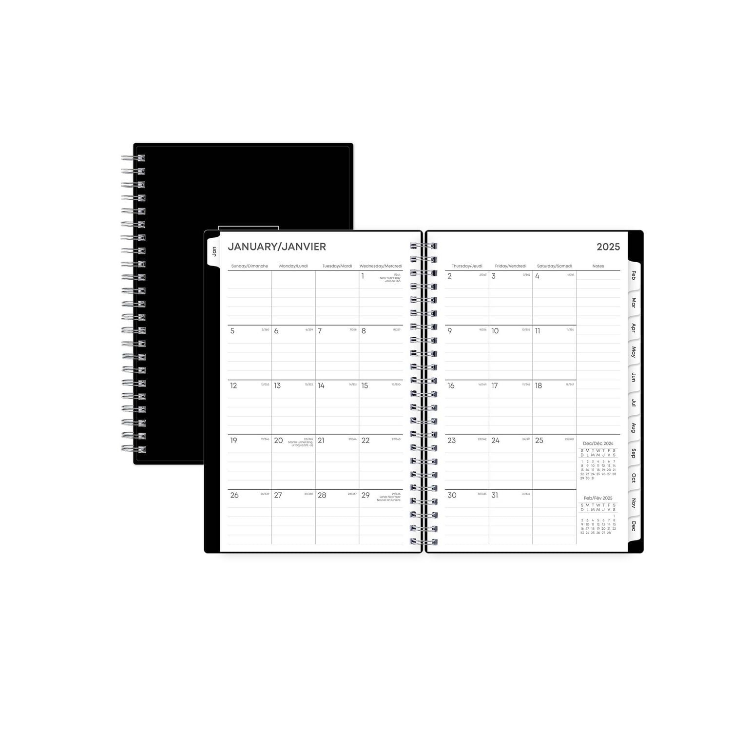 Agenda hebdomadaire/mensuel 2025, 5 po x 8 po, Blue Sky, noir uni