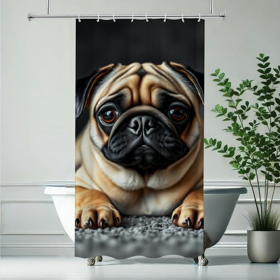 RKSupls Cute Pug Dog Portrait Shower Curtain, Valentine's Day Waterproof Shower Curtain with Hooks for Home Bathtub Bathroom Decor Washable Fabric Curtains,90x180cm