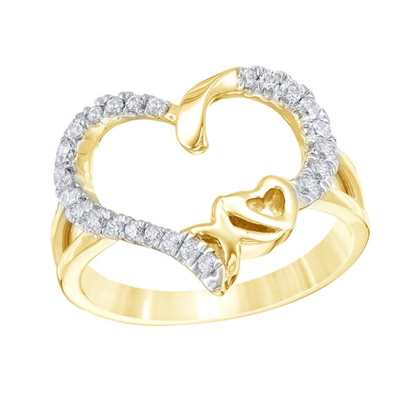 White Natural Diamond XO Open Heart Promise Ring in 10k Yellow Gold