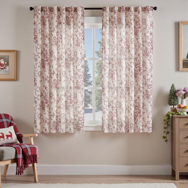Cortina Jinchan, mezcla de lino, diseño floral, 137 x 137 cm, color rojo navideño
